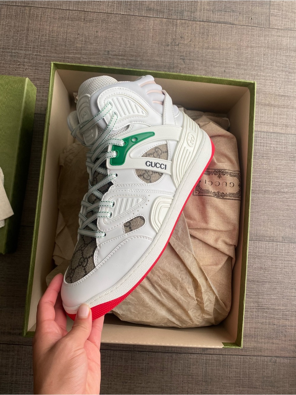 Gucci White Leather & Green Accent Low-Top Sneaker with Red Sole